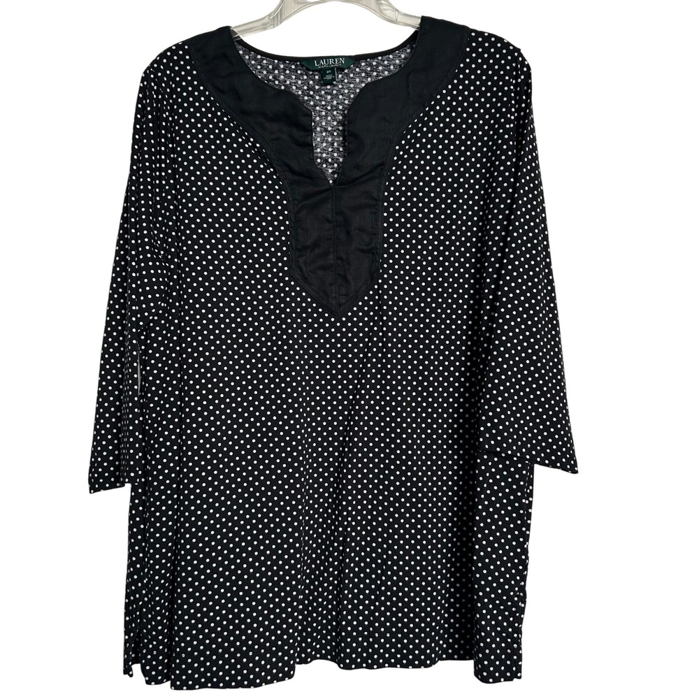 Lauren Ralph Lauren Black‎ Polka Dot 3/4 Sleeve Tunic Top Blouse